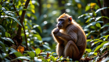 Thoughtful monkey sitting in lush greenery, surrounded by vibrant leaves and soft sunlight filtering through the trees in a serene natural settingの素材