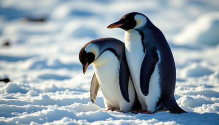 Two Adelie Penguins Nesting Together on Snowy Landscape in Antarctica, Capturing the Beauty of Wildlife and Natural Habitats in a Polar Environmentの素材