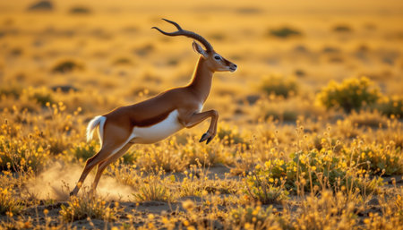 Majestic Antelope Leaps Gracefully Across Golden Savannah Landscape at Sunset, Capturing the Spirit of Wildlife in its Natural Habitatの素材