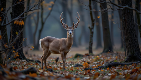 Majestic deer standing gracefully in a serene forest during autumn, surrounded by colorful leaves and blurred trees in the background, captivating nature sceneの素材
