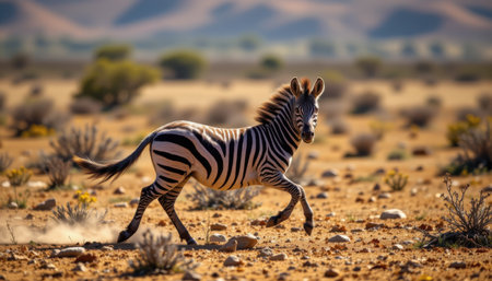 Majestic Zebra Running in Dry Desert Landscape Under Bright Blue Skies with Rocky Terrain and Sparse Vegetation in the Backgroundの素材