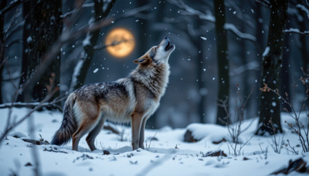 A Majestic Coyote Howling Under the Full Moon Amidst Falling Snow in a Tranquil Winter Forest Setting at Nightの素材