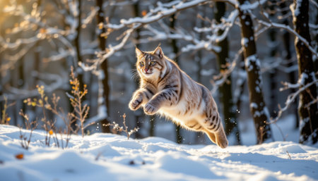 Beautiful wild wildcat leaps through fresh snow in winter forest with sunlight filtering through trees, showcasing its agility and grace in a pristine environmentの素材