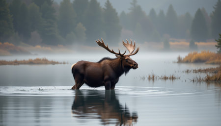 Majestic Moose Standing in Tranquil Water Surrounded by Misty Forest Landscape During Early Morning Lightの素材