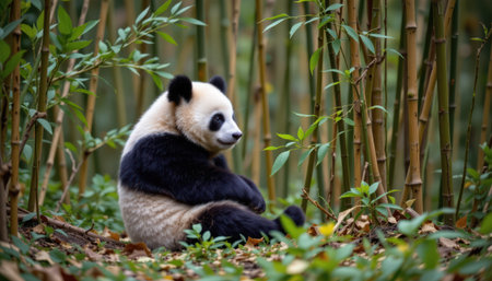 Adorable young panda in a serene bamboo forest, surrounded by lush greenery and vibrant foliage, enjoying a peaceful moment in its natural habitatの素材