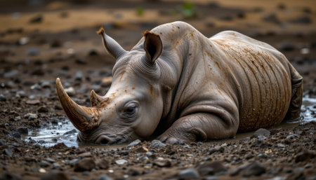 Adorable baby rhinoceros resting in shallow water surrounded by stones in a natural habitat showcasing the serene beauty of wildlife conservation effortsの素材
