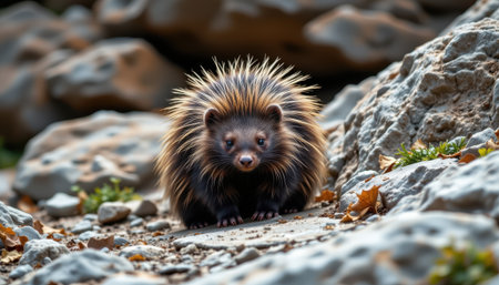 Close-up of a Porcupine Wandering on Rocky Terrain Surrounded by Natural Habitat Near Autumn Leaves and Stones in a Wilderness Settingの素材