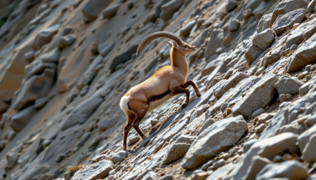 Majestic ibex climbing rugged mountain terrain, showcasing powerful horns and graceful movement against rocky backdrop in natural habitatの素材