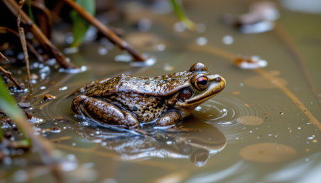 Close-Up of a Brown Frog Sitting Calmly in a Pond Surrounded by Greenery with Rippling Water and Tranquil Nature Backgroundの素材