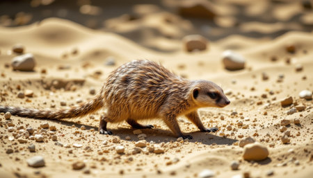 Curious meerkat exploring sandy desert landscape under warm sunlight, showcasing unique fur patterns and playful demeanor around small rocksの素材
