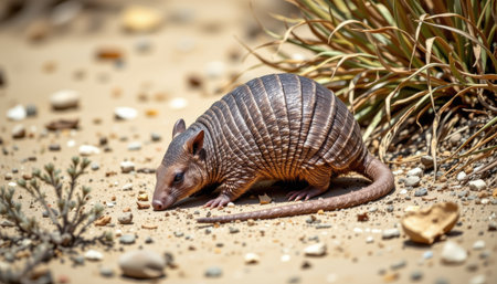 Close-Up of an Armadillo foraging in a Desert Environment Surrounded by Rocks and Grass under Natural Sunlightの素材