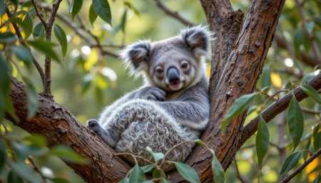 Adorable koala relaxing on a tree branch surrounded by lush green leaves in a serene environment, showcasing the beauty of wildlife in natural habitatの素材