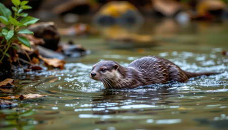 Charming Otter Swimming Gracefully in a Tranquil Forest Stream Surrounded by Autumn Leaves and Lush Greenery on a Calm Dayの素材