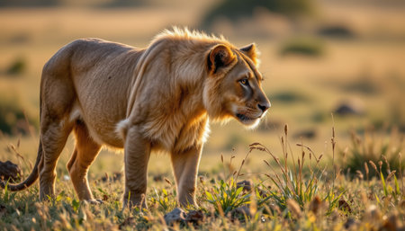 Majestic Lion Walking Through Golden Grasslands During Sunset in African Savanna Captured in Stunning Natural Lightの素材