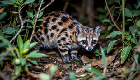 Spotted Animal in a Natural Habitat Among Green Foliage and Brown Leaves, Showcasing Unique Patterns and Colors of Wildlife in the Jungleの素材