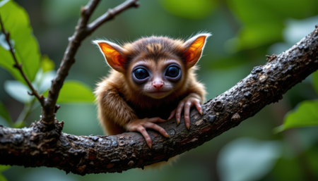 Adorable small creature with large eyes sitting on a branch surrounded by green foliage in a natural habitat, showcasing its unique features and charmの素材