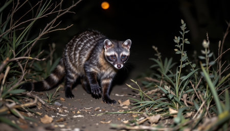Striking Nighttime Encounter with a Solitary Raccoon Crossing a Trail Surrounded by Lush Greenery Under Soft Outdoor Lightingの素材