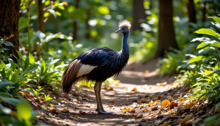 Striking Bird Amidst Lush Wilderness with Vibrant Green Foliage and a Serene Pathway in a Sunlit Forest Environmentの素材