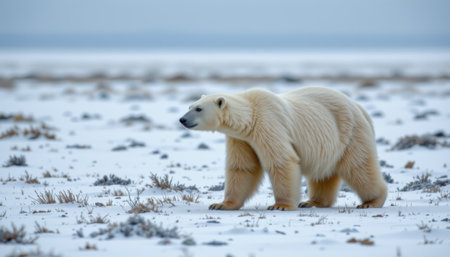 Majestic Polar Bear Walking Through Arctic Landscape Covered with Sparkling Snow and Distant Icebergs Against a Calm Blue Skyの素材