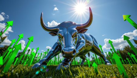 Metallic bull sculpture on green grass with upward arrows under a bright sunny sky representing finance growth and economic prosperityの素材