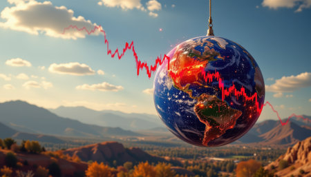 Global Economy Concept with Earth and Economic Decline Graph in Scenic Landscape Under Blue Sky with Cloudsの素材