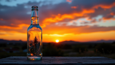 A serene sunset captured through a glass bottle, reflecting vibrant colors of nature and creating a tranquil atmosphere during dusk hours in the countrysideの素材