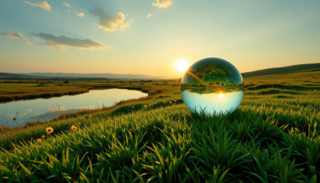 Reflective Glass Sphere on Green Grass at Golden Hour Near Calm Lake with Vibrant Sky and Sun Setting in Backgroundの素材