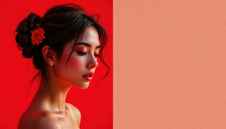 Elegant profile of a young woman with a floral accessory against a vibrant red background, showcasing beauty and artistry in portrait photography.の素材