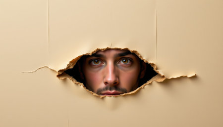 Man Peering Through Hole in Wall, Expressing Surprise, Curiosity, and Engagement in a Creative and Artistic Setting with Soft Colors and Textured Backgroundの素材