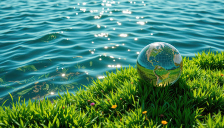 Lush Green Grass Surrounding a Reflective Globe on the Shoreline of a Serene Blue Lake with Sparkling Water Under Bright Sunshineの素材