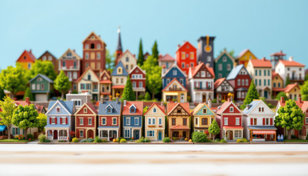 Colorful Miniature Houses with Lush Greenery and Vibrant Architecture Showcasing Neighborhood Charm and Real Estate Design in a Playful Settingの素材