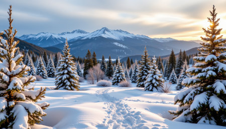 Serene Winter Landscape with Snow-Covered Trees and Majestic Mountains at Sunset, Capturing the Beauty of Nature's Winter Wonderlandの素材