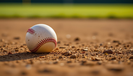 Baseball resting on sandy ground in a sunny baseball field, showcasing bright red stitching with a blurred green background for outdoor sports themesの素材