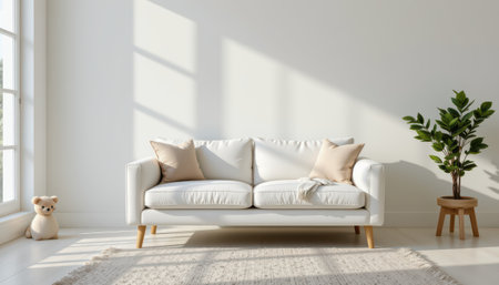 Bright and Cozy Living Room with White Sofa, Decorative Cushions, Indoor Plant, and Natural Light Streaming Through Large Windowsの素材