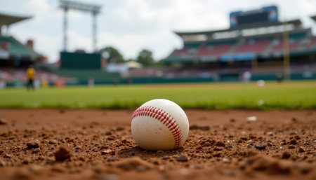 Close-Up View of a Baseball on the Infield Dirt, With a Stadium Background and Spectators in a Sunny Baseball Game Atmosphereの素材