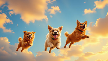Three Joyful Dogs Jumping in the Air Against a Vibrant Sky Filled with Clouds at Twilight, Showcasing Playful Energy and Happiness in Caninesの素材