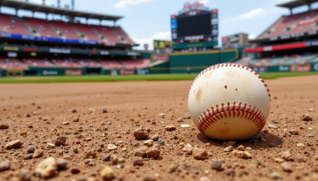 Close-up of a Baseball on the Dirt Infield of a Major League Baseball Stadium Under a Bright Sky on a Sunny Dayの素材