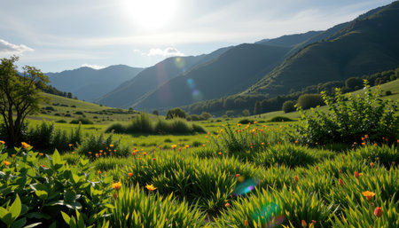 Lush Green Valley with Vibrant Wildflowers Under a Bright Sunny Sky and Majestic Mountains in the Backgroundの素材