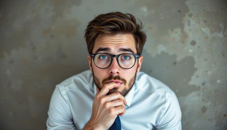 Thoughtful young man with glasses pondering concepts while sitting against a textured wall in a professional settingの素材