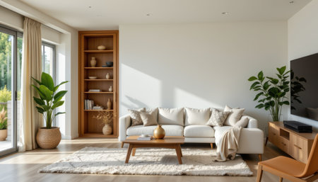 Bright and Airy Modern Living Room with Natural Elements, Cozy Sofa, Stylish Decor, Indoor Plants, and Minimalist Aesthetic Designの素材