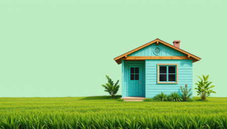 Charming small blue house on green grass background surrounded by plants, simple design evokes tranquility and nature in a vibrant color paletteの素材