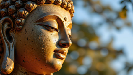 Serene Buddha Statue Bathed in Golden Light Amidst Nature's Peaceful Surroundings Capturing Spiritual Tranquility and Enlightenment Essenceの素材