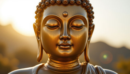 Serene Golden Buddha Statue in Outdoor Setting Bathed in Soft Natural Light with Spiritual Atmosphere and Tranquil Background Enhancing Inner Peaceの素材