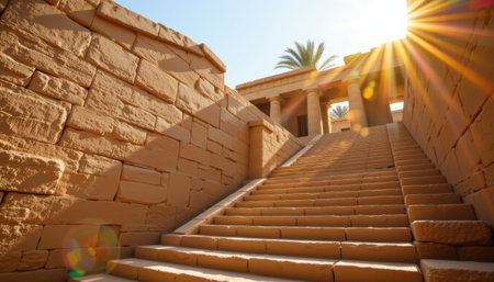 Ancient stone temple stairs in sunlight with architectural details and palm trees for travel and history themed backgrounds and conceptsの素材