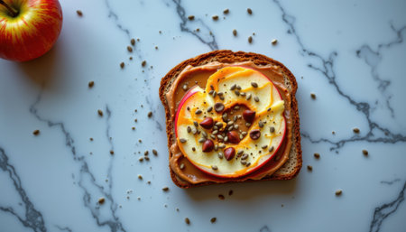 Delicious slice of whole grain bread topped with creamy peanut butter, vibrant apple slices, and crunchy sunflower seeds on a marble backgroundの素材
