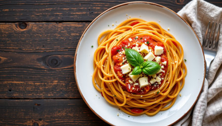 Delicious plate of spaghetti with rich tomato sauce topped with fresh basil and cheese served on rustic wooden table for Italian cuisine loversの素材