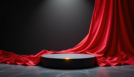 Dramatic Stage Setup with Red Drapes and Circular Platform, Ideal for Performances, Presentations, or Artistic Displays in a Modern Venue Environmentの素材