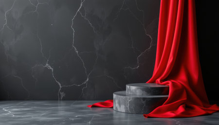 Dramatic Space with Black Marble Wall and Red Fabric Draped Over Gray Pedestal for Elegant Presentations or Artistic Displaysの素材