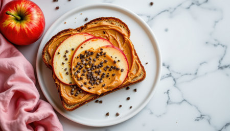 Delicious peanut butter toast topped with fresh apple slices, chocolate chips, and served with a crisp red apple on a stylish marble countertopの素材