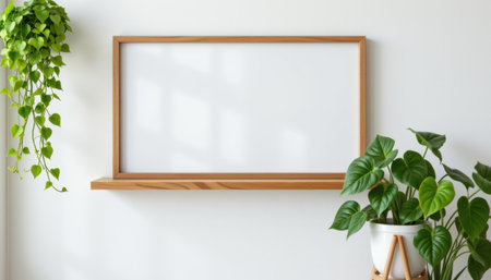 Minimalist Home Decor with Wooden Frame, Plants, and White Wall for Elegant Interior Design Inspiration and Home Organization Ideasの素材